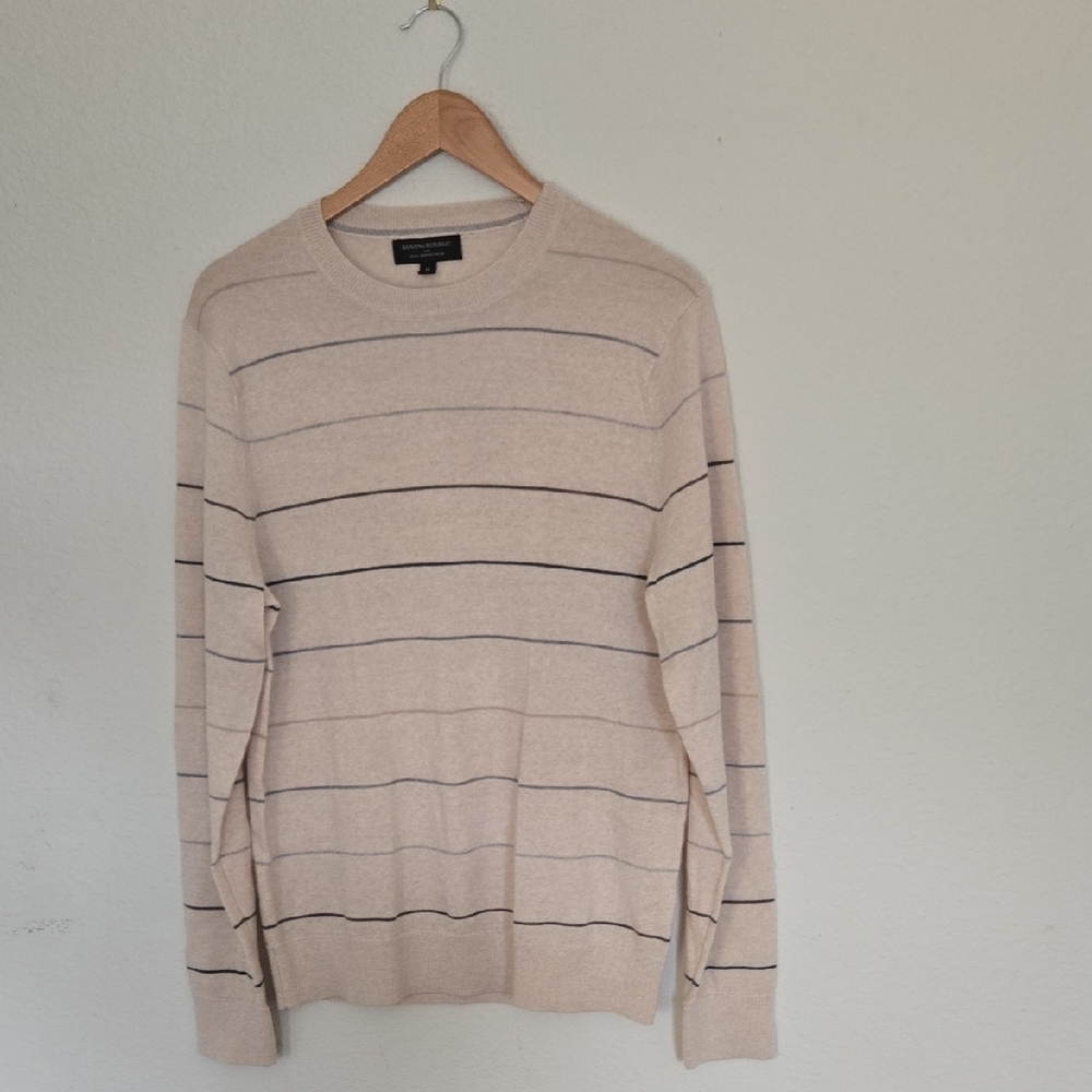 Banana Republic Men's Beige Striped 100% Merino Wool Sweater Size M
